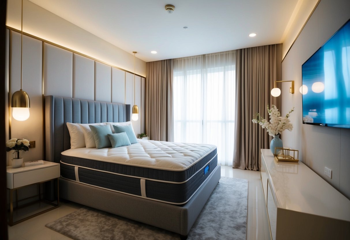 A serene bedroom with a luxurious Sealy mattress and bed, surrounded by elegant decor and soft lighting, in a promotional setting in Singapore