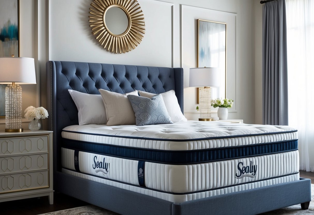 A luxurious Sealy Crown Jewel Collection mattress displayed in a stylish bedroom setting with elegant bedding and decor