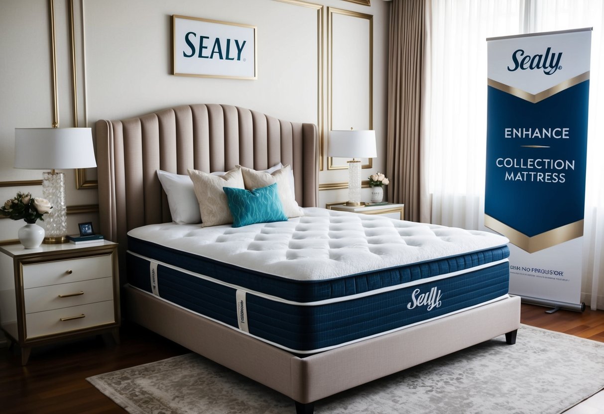 A luxurious Sealy bed with the Enhance Collection mattress, surrounded by elegant bedroom decor and a promotional banner for Sealy in Singapore