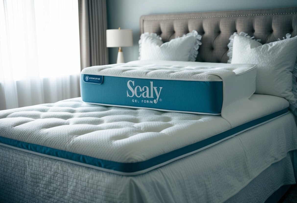 A serene bedroom with a Sealy Gel Memory Foam Mattress as the focal point, surrounded by luxurious bedding and a peaceful ambiance