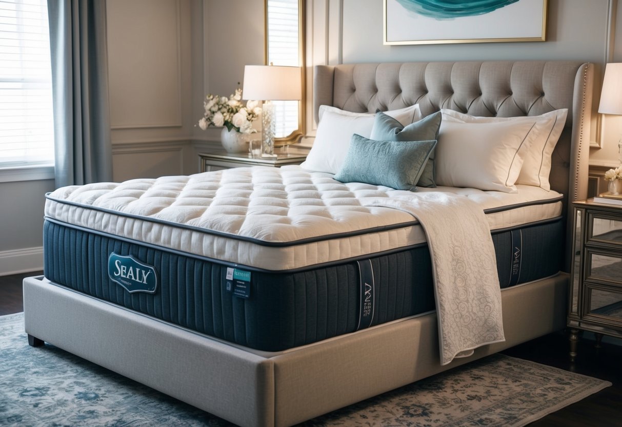 A luxurious bedroom with a Sealy luxury mattress as the focal point, surrounded by elegant bedding and a serene ambiance