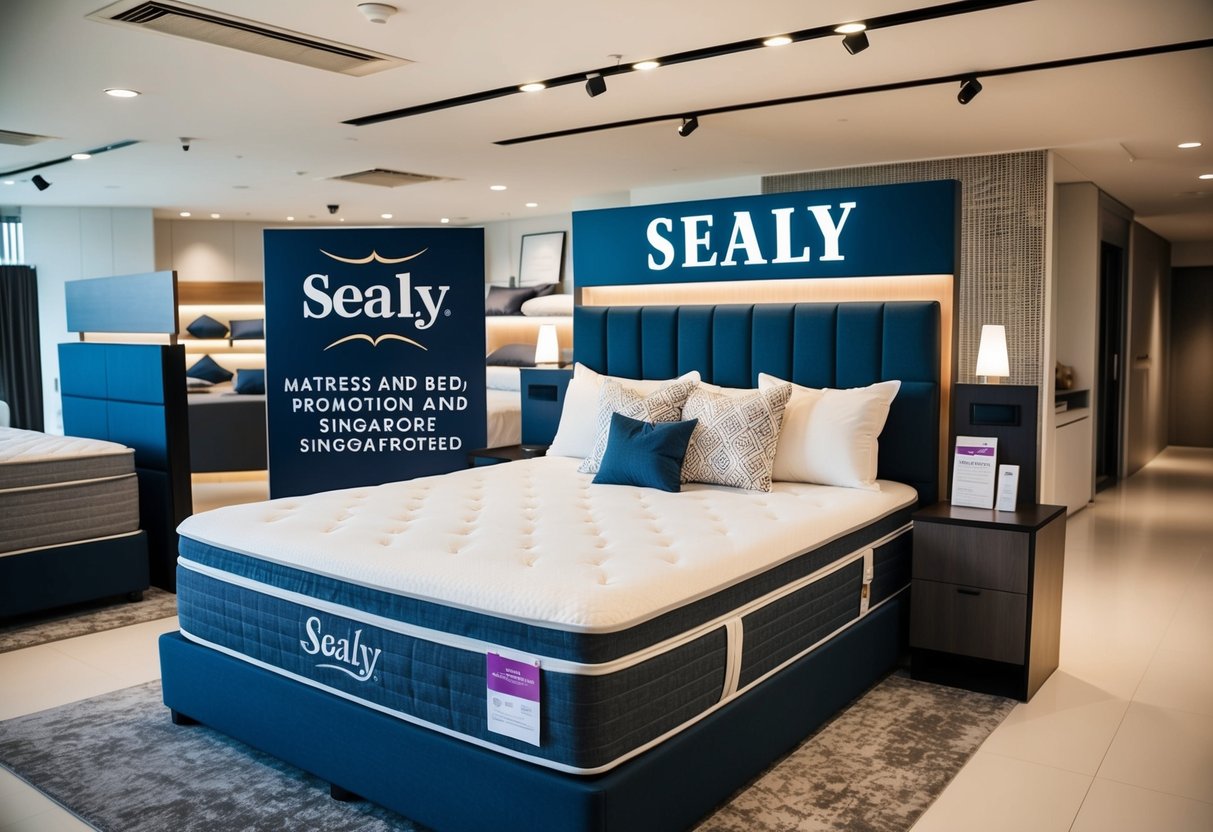 A luxurious Sealy mattress and bed promotion display in a modern Singapore showroom