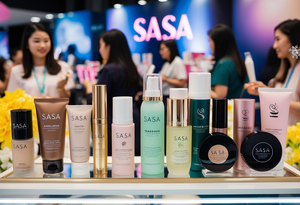 A colorful display of Sasa makeup and skincare products at a bustling promotional event in Singapore