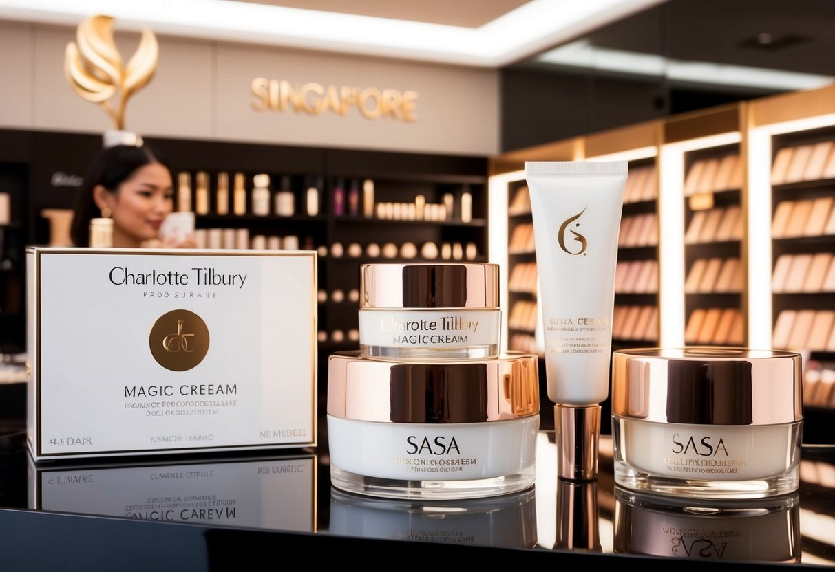 A display of Charlotte Tilbury Magic Cream and sasa promotions in a luxurious Singaporean skincare and makeup store