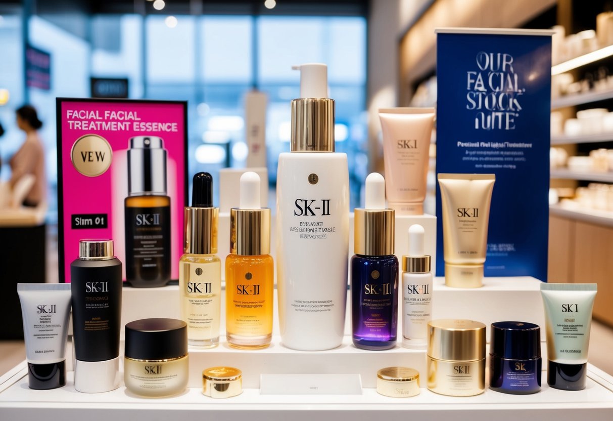 A display of SK-II Facial Treatment Essence surrounded by various makeup and skincare products, with promotional signs and banners, in a Singaporean store