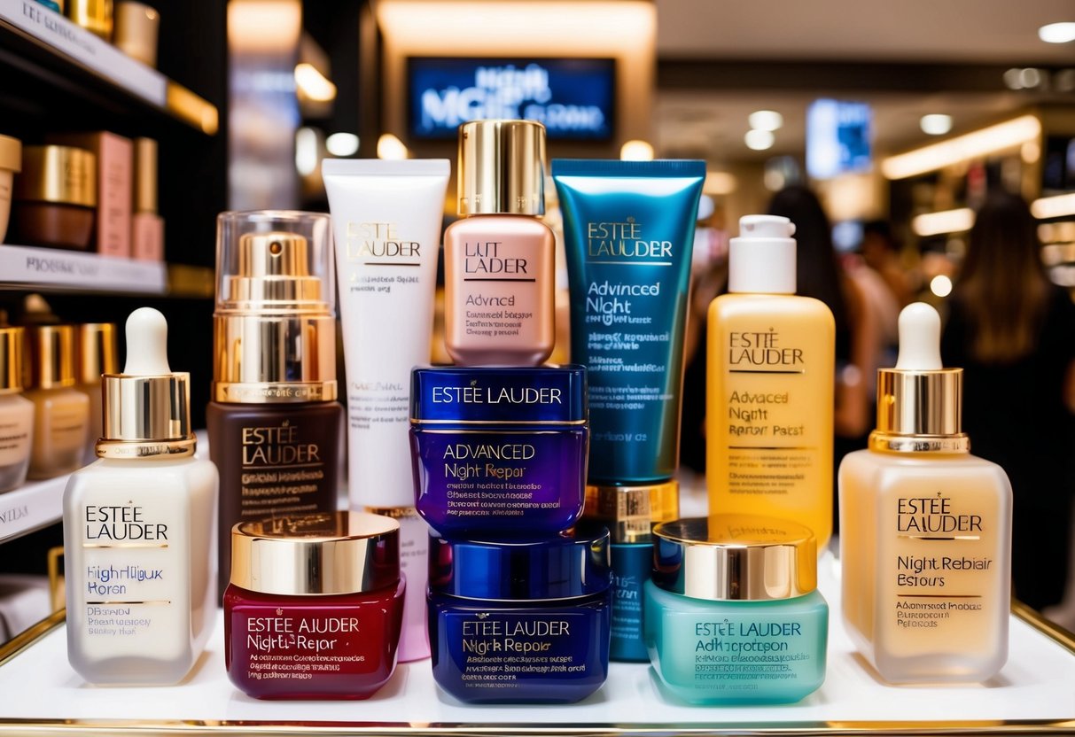 A vibrant display of Estée Lauder Advanced Night Repair products among other makeup and skincare brands, with promotional signs, in a Singaporean store