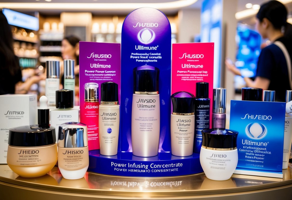 A vibrant display of Shiseido Ultimune Power Infusing Concentrate surrounded by various makeup and skincare products, with promotional signs featuring the brand's logo, in a bustling Singapore store