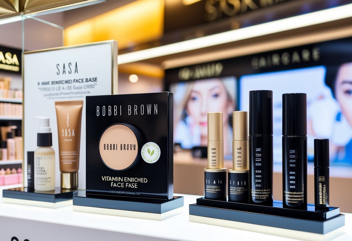 A sleek, modern display showcasing Bobbi Brown Vitamin Enriched Face Base alongside other sasa skincare and makeup promotions in a vibrant Singapore storefront
