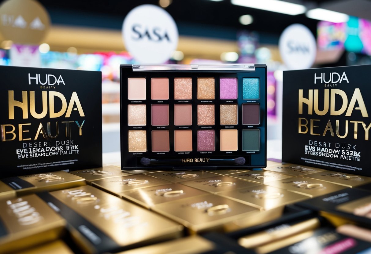 A display of Huda Beauty Desert Dusk Eyeshadow Palette surrounded by sasa promotions in Singapore