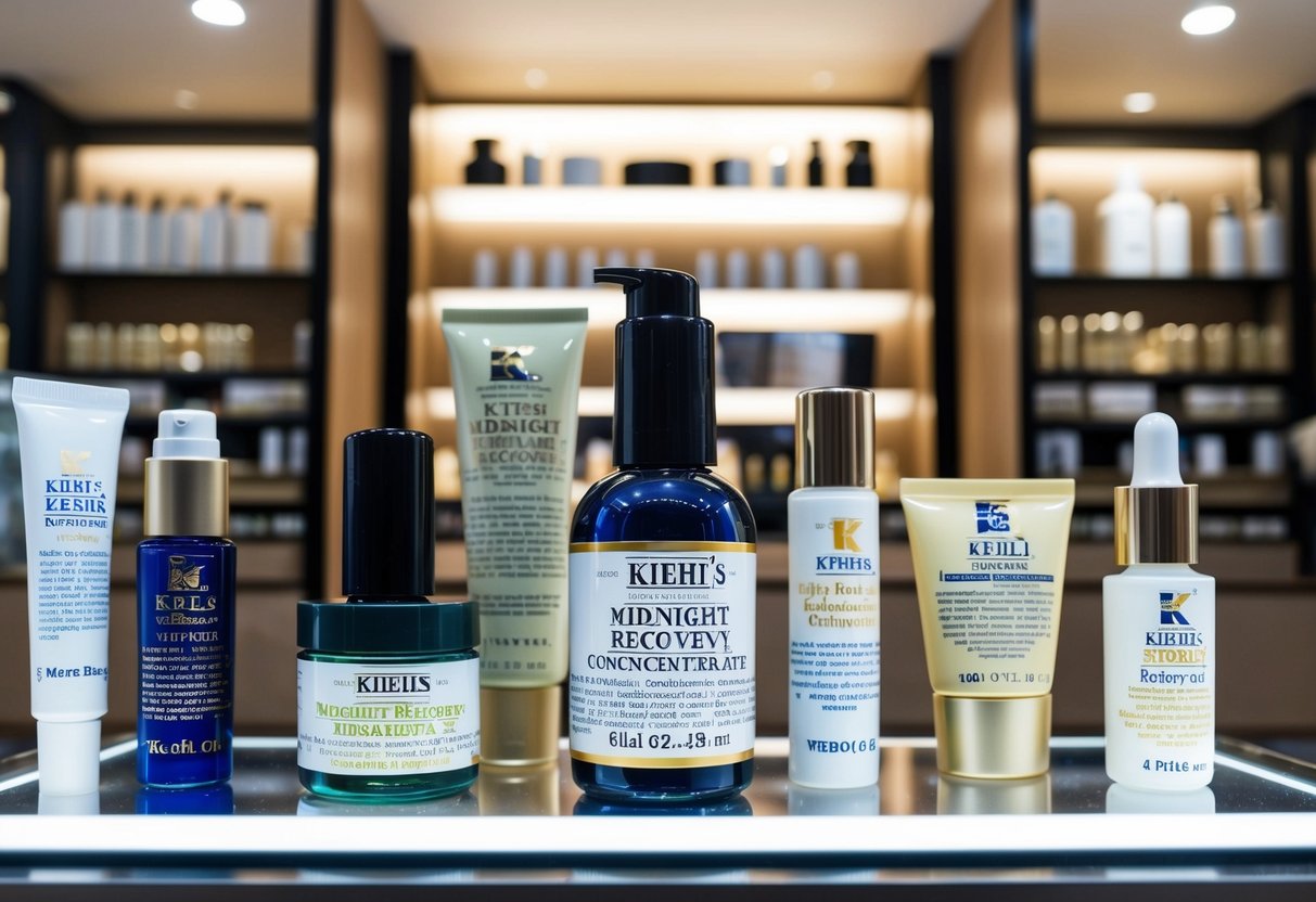 A display of Kiehl's Midnight Recovery Concentrate surrounded by various skincare and makeup products in a Singaporean store