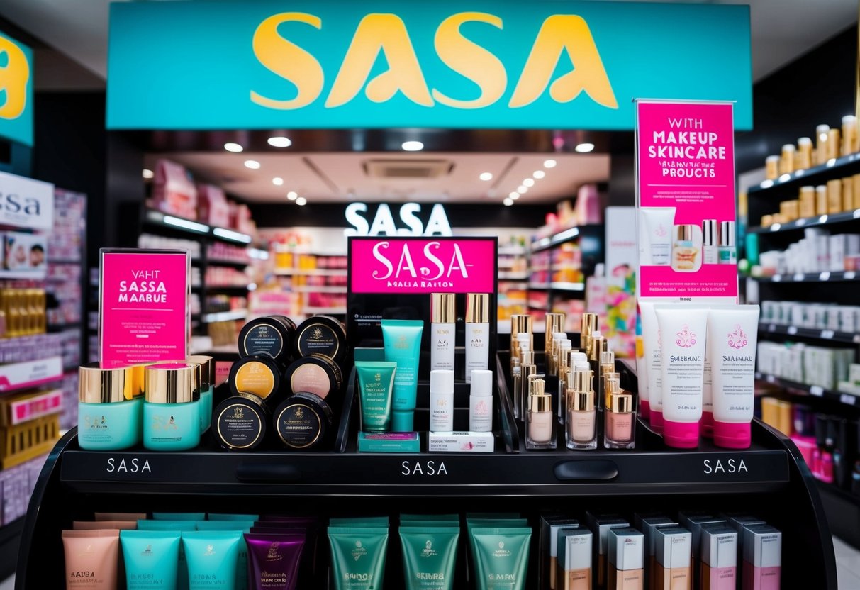 A vibrant display of Sasa makeup and skincare products with promotional signs in a bustling Singapore store