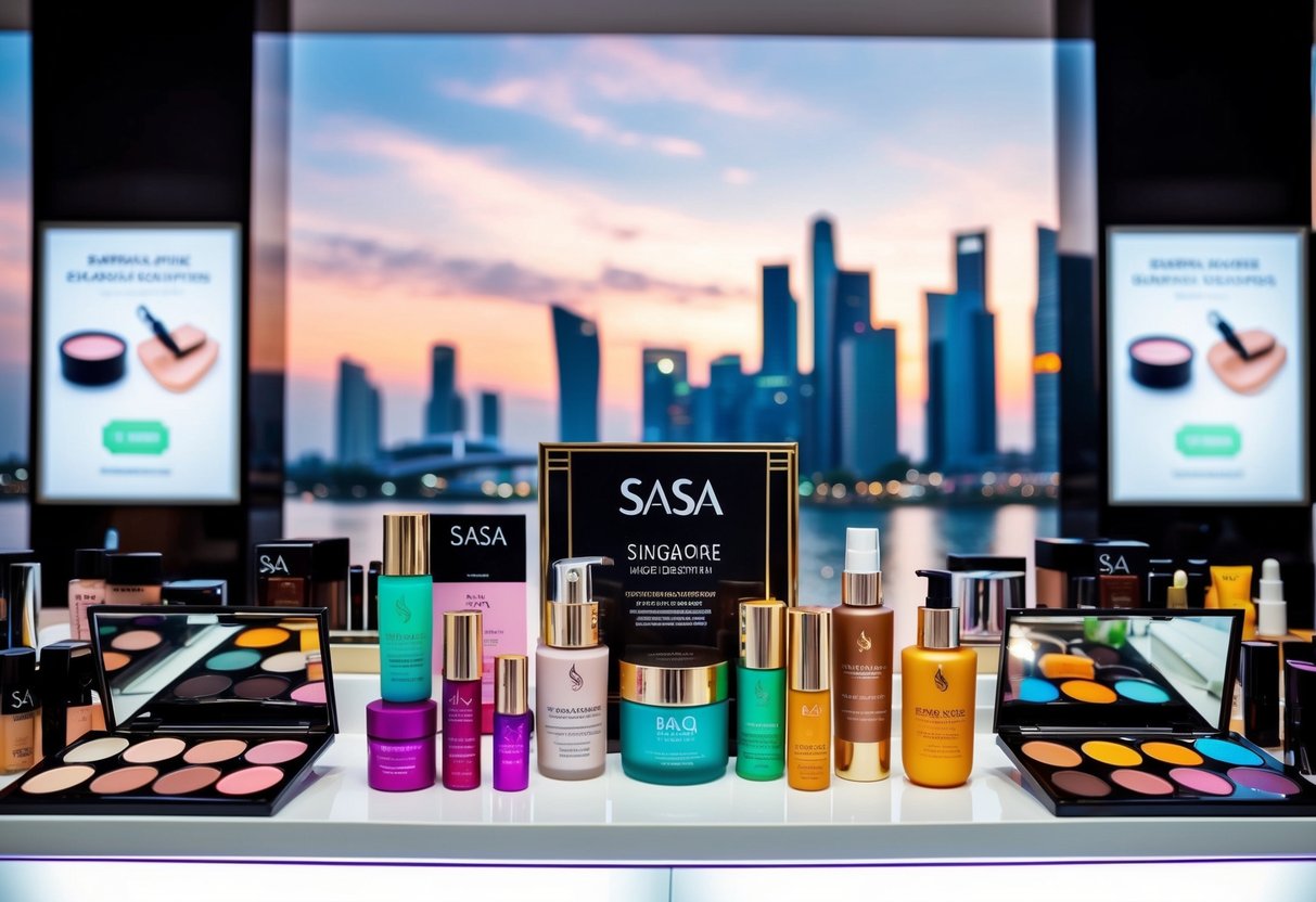 A colorful display of makeup and skincare products at sasa, with promotional signs and the Singapore skyline in the background