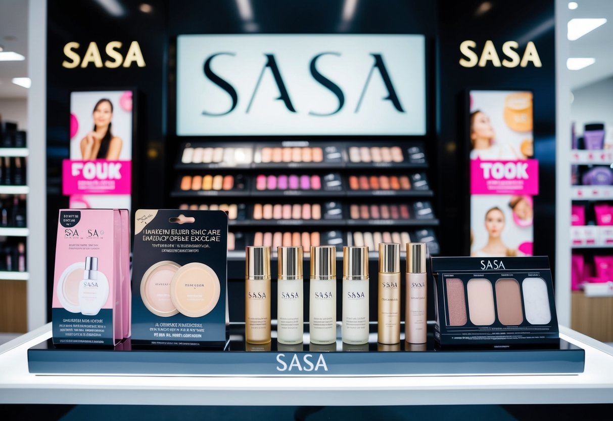 A display of sasa makeup and skincare products with promotional signs in a Singapore store