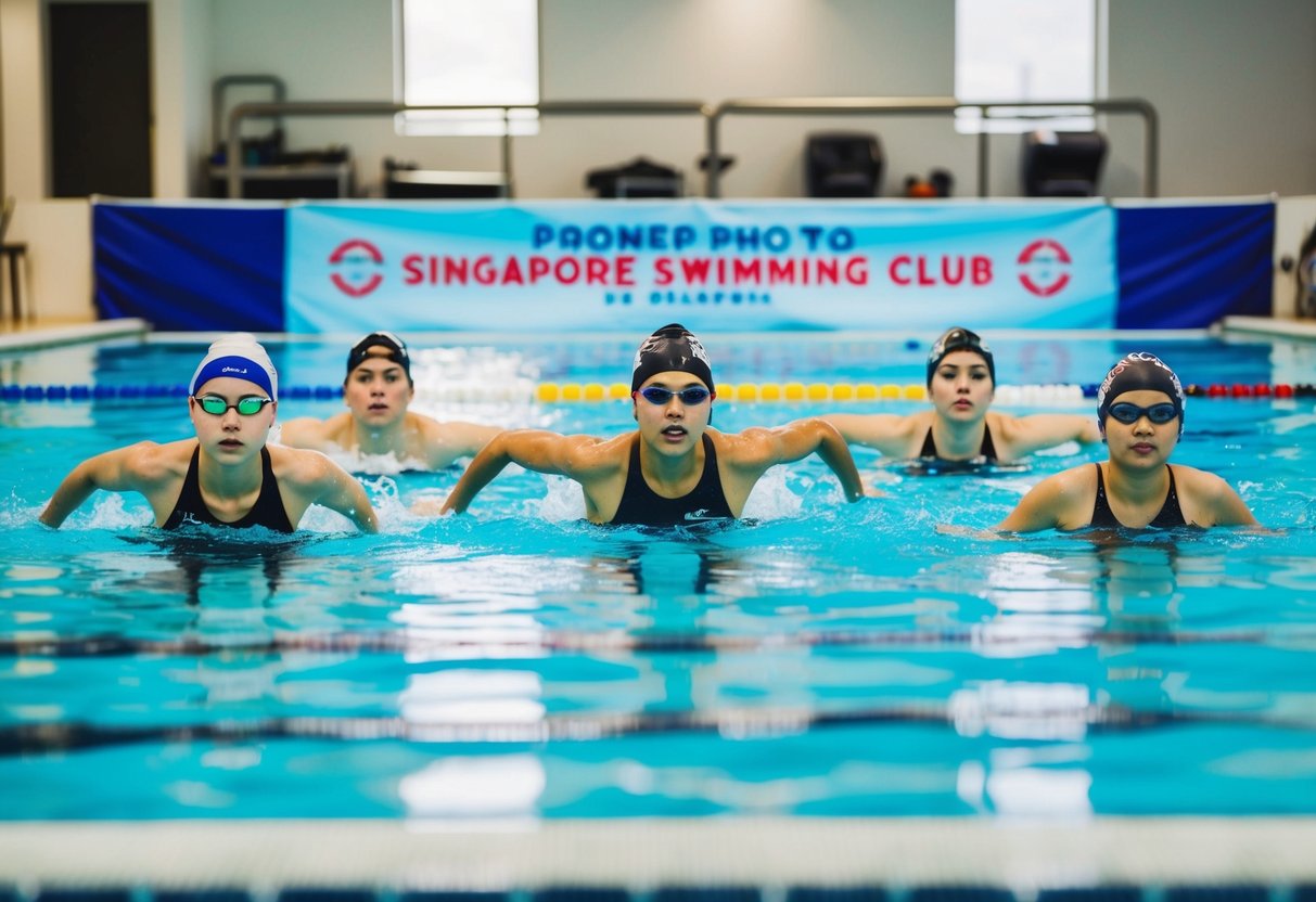 A group of swimmers in a pool with a banner promoting a swimming club in Singapore