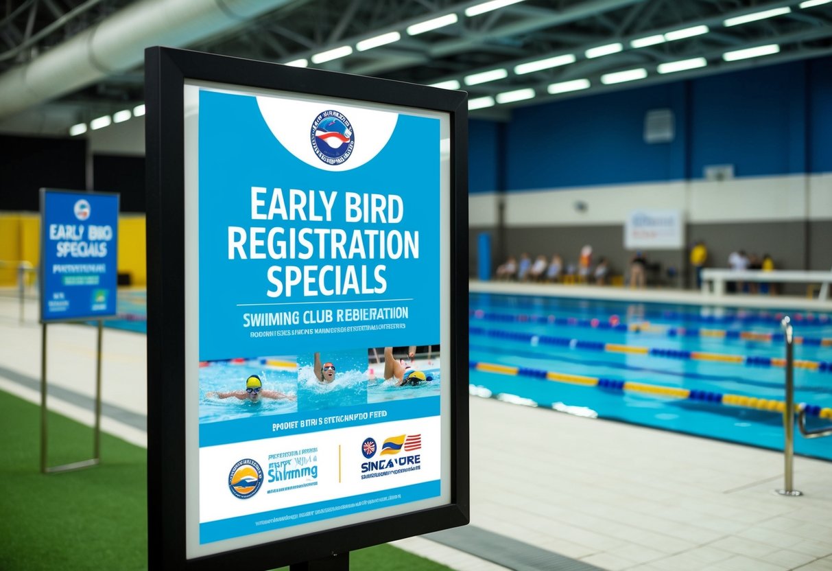 A colorful poster advertising early bird registration specials for a swimming club in Singapore, featuring images of swimmers and promotional details