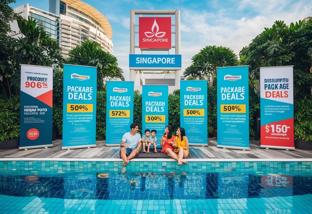 A vibrant swimming pool with a family enjoying discounted package deals, surrounded by promotional banners and signs in Singapore