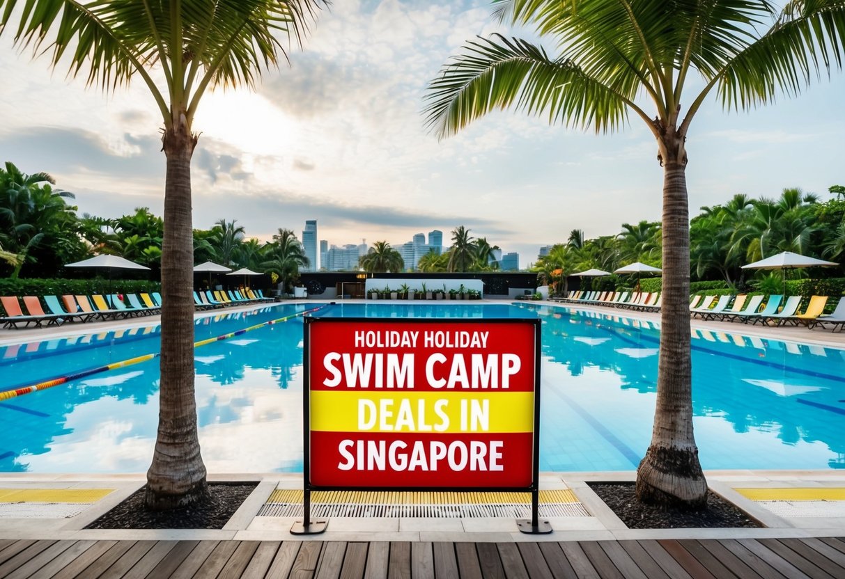 A colorful swimming pool with palm trees and a sign promoting holiday swim camp deals in Singapore