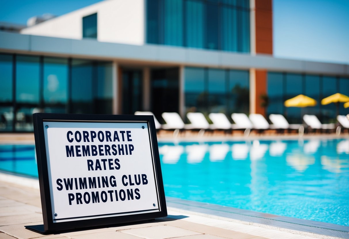 A vibrant poolside with a sleek, modern building in the background. A sign displays "Corporate Membership Rates" and "Swimming Club Promotions" in bold letters