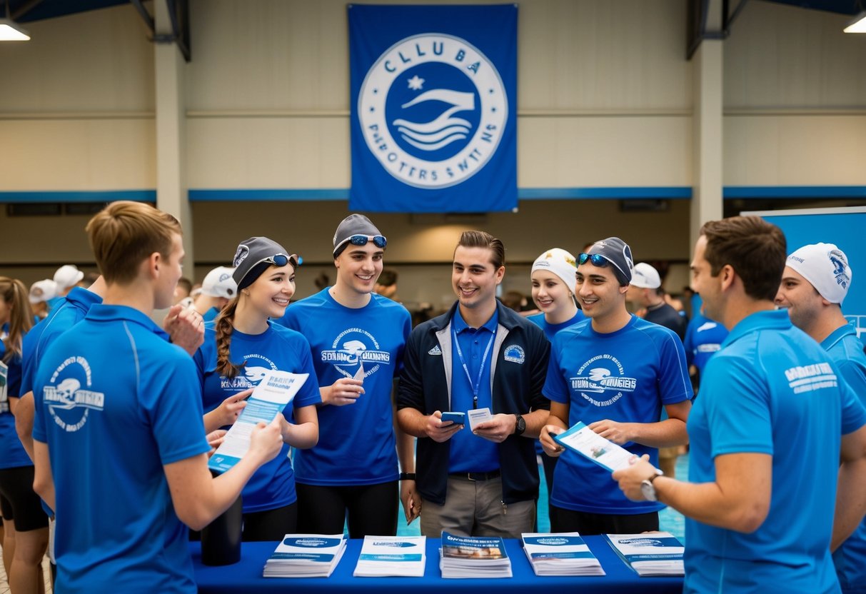 A group of swimmers gather around a promotional booth, chatting with club staff and browsing through informational brochures. A banner with the club's logo hangs above the booth