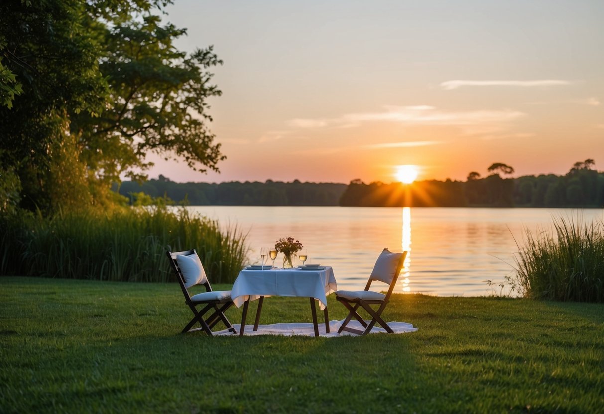 A tranquil sunset picnic by the water, with a table set for two, surrounded by lush greenery and the warm glow of the setting sun