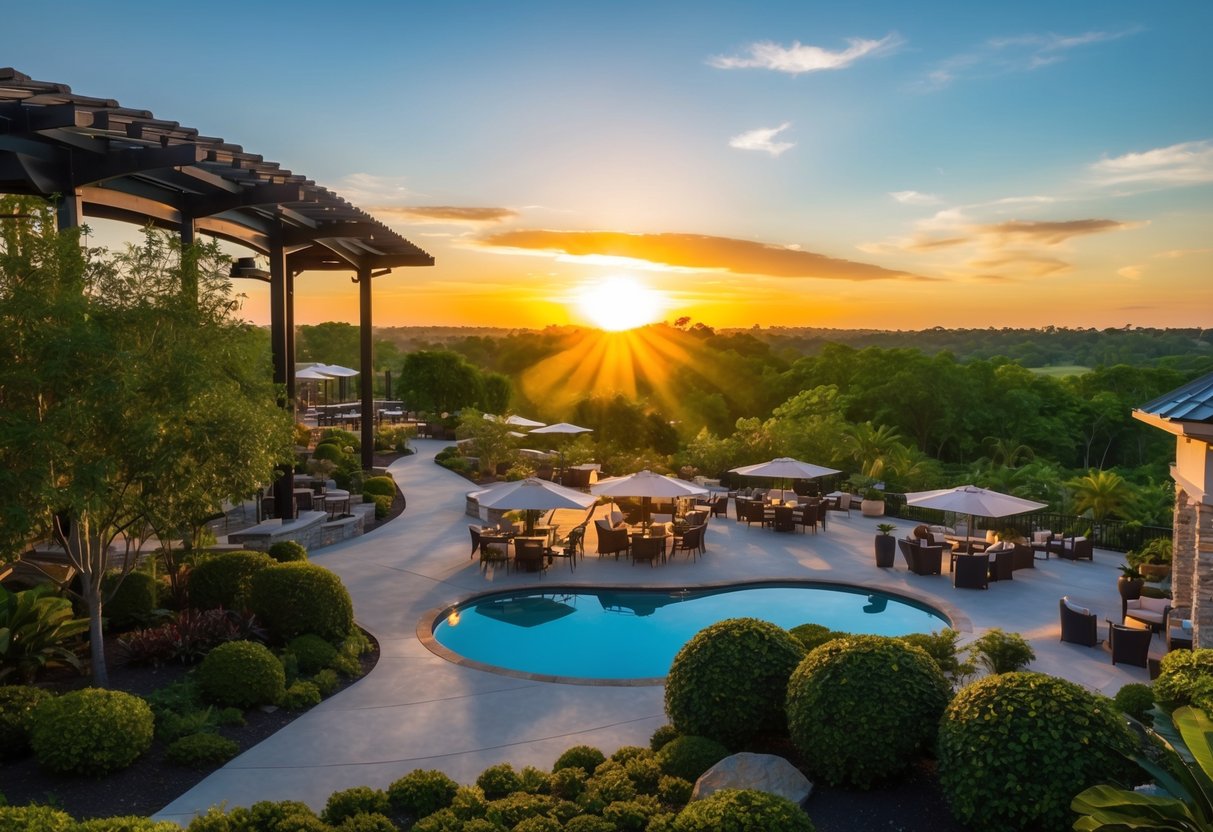The sun sets over a lush nature center, casting a warm glow on the VIP lounge where guests enjoy exclusive perks and promotions