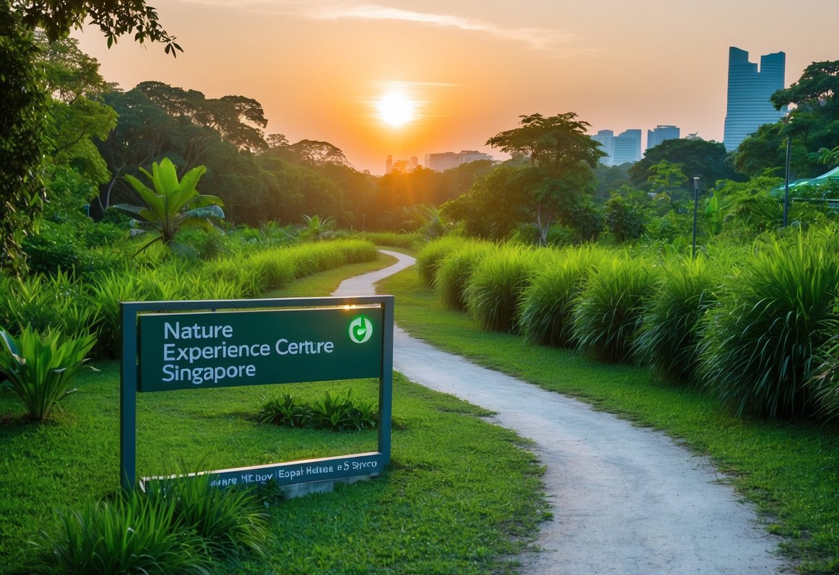 A serene nature trail with lush greenery and a setting sun, highlighting the Nature Experience Centre in Singapore