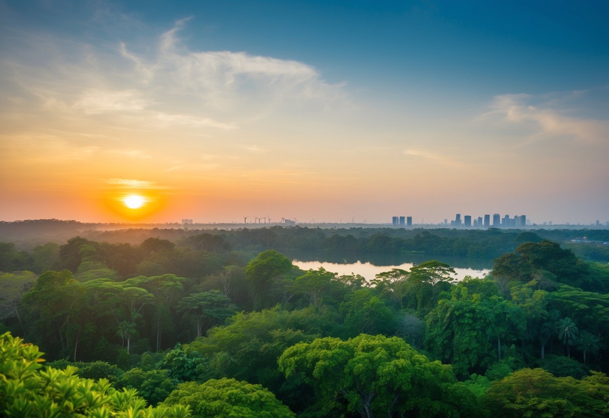 A serene sunset over lush greenery, with a diverse array of wildlife captured in their natural habitat at the Nature Experience Centre in Singapore