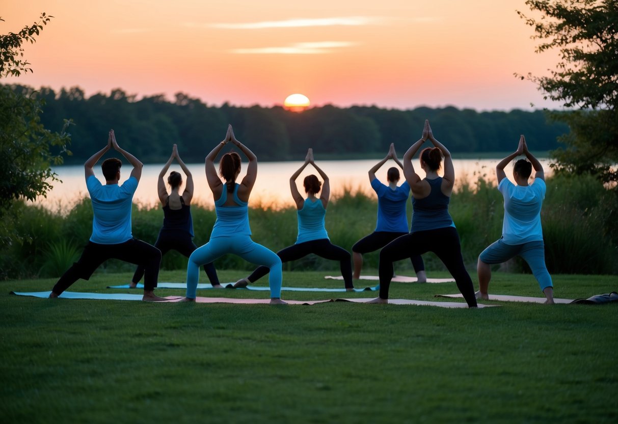 A tranquil nature center at dusk, with a group of people practicing yoga under the fading light of the setting sun
