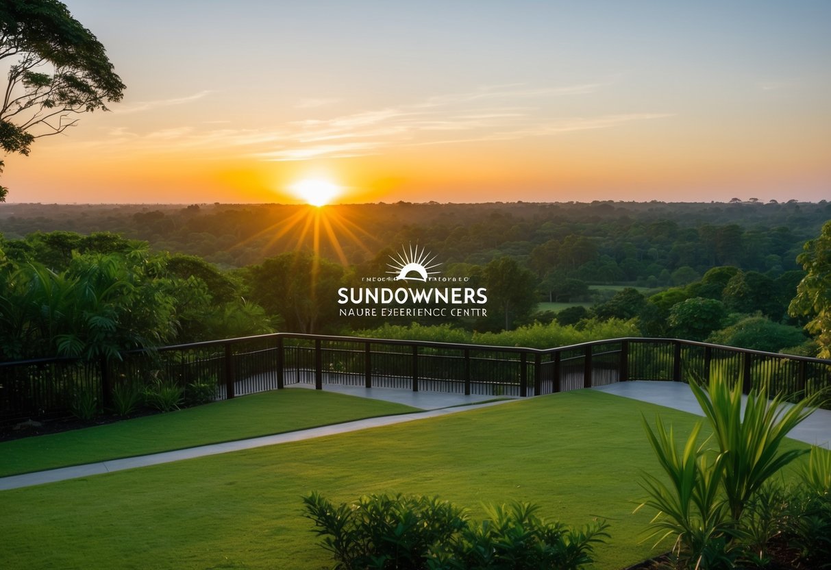 The sun sets over the lush greenery of Sundowners Nature Experience Centre, casting a warm glow over the tranquil landscape