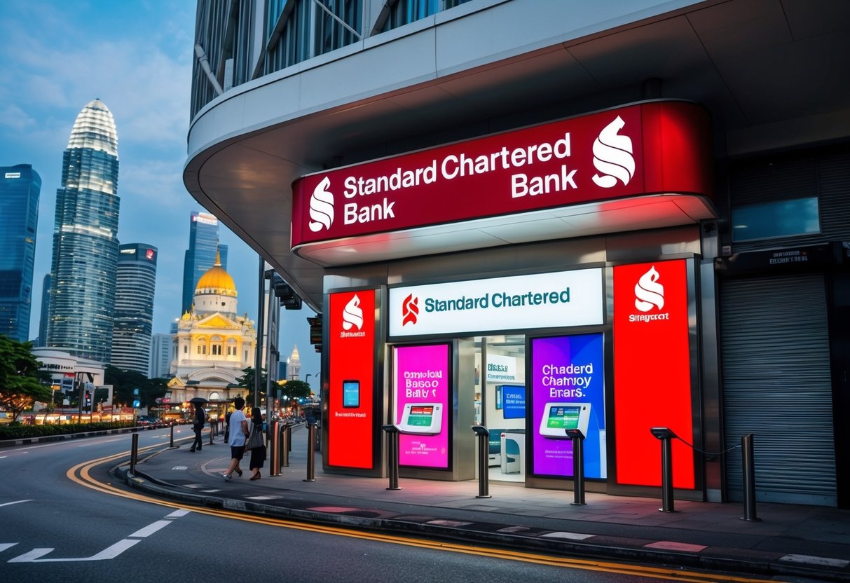 A bustling Singapore street with iconic landmarks and a prominent Standard Chartered bank branch, featuring vibrant promotional displays