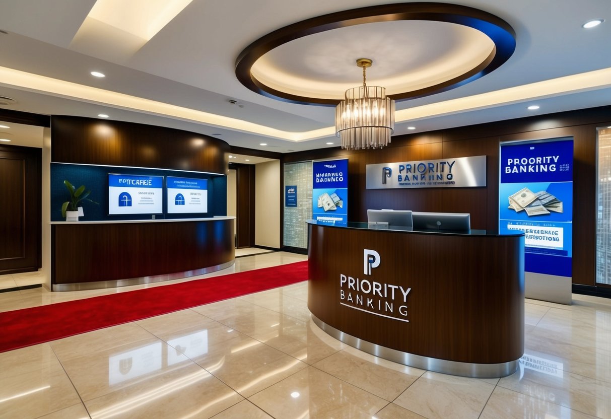 A luxurious bank lobby with sleek, modern design. A red carpet leads to a welcome desk with the Priority Banking logo. A display showcases promotions for banking solutions