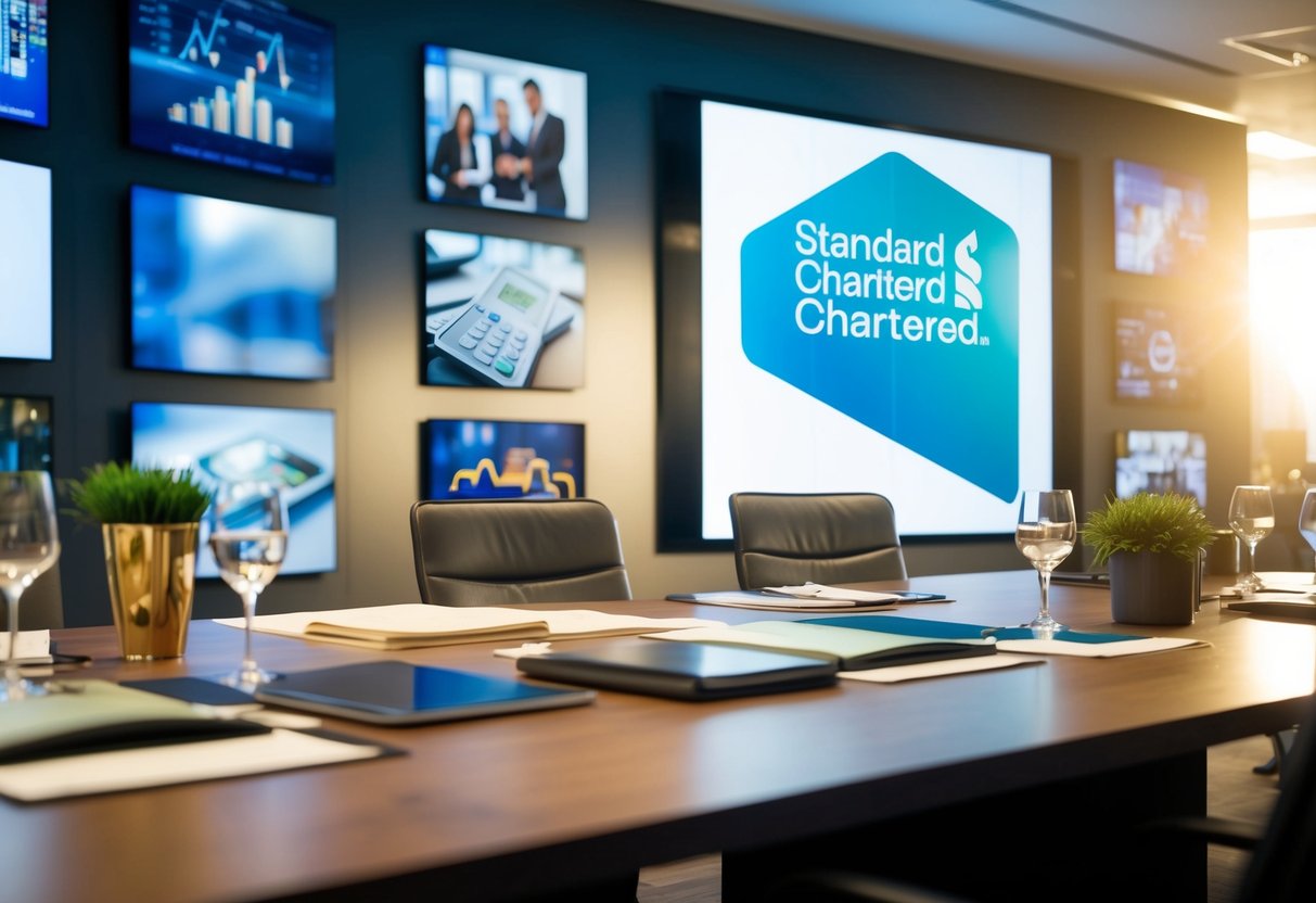 A luxurious workshop setting with the Standard Chartered logo prominently displayed, surrounded by images of wealth and financial success