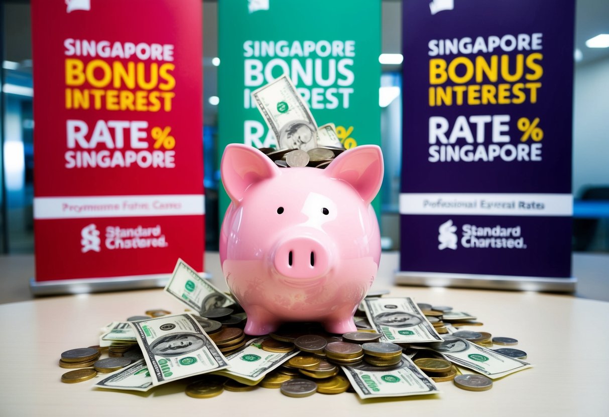 A piggy bank overflowing with coins and dollar bills, surrounded by promotional banners for Bonus Interest Rates on Savings at Standard Chartered bank in Singapore