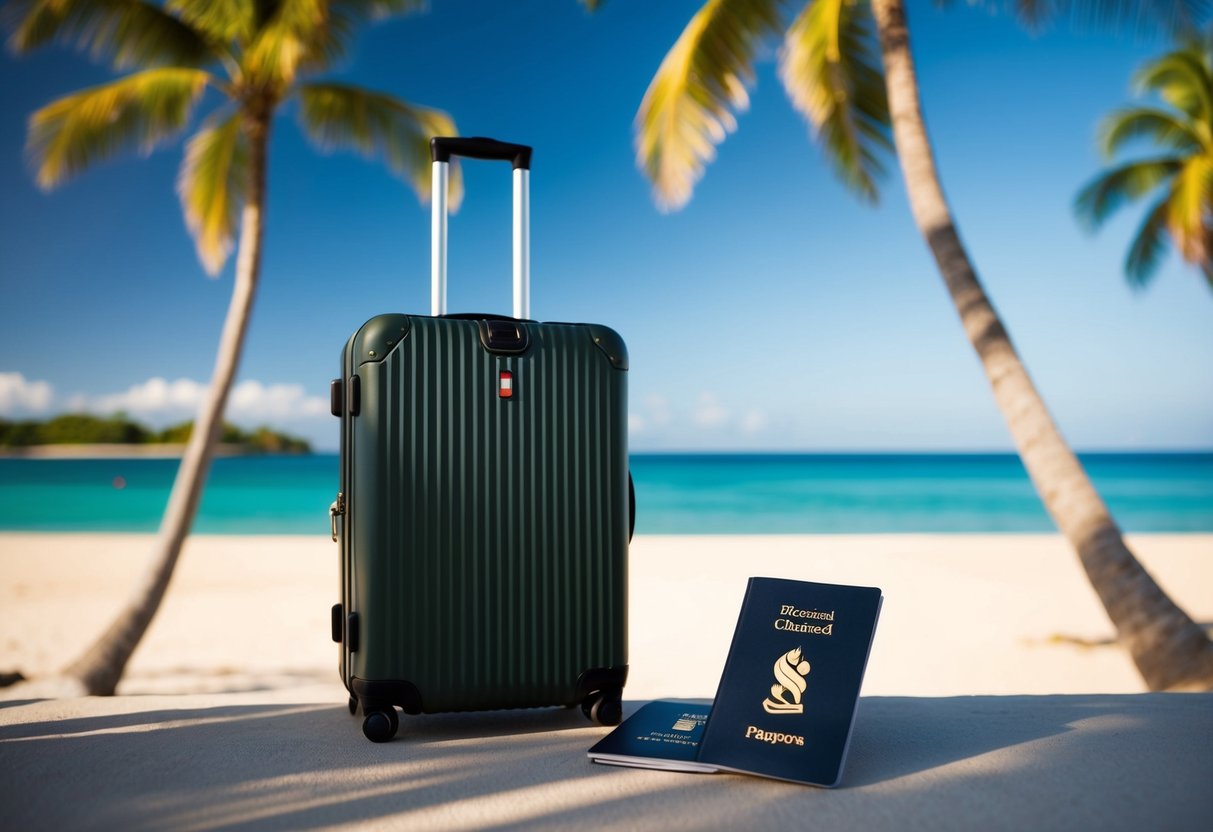 A tropical beach with palm trees and a clear blue sky, featuring a suitcase and a passport with the Standard Chartered logo
