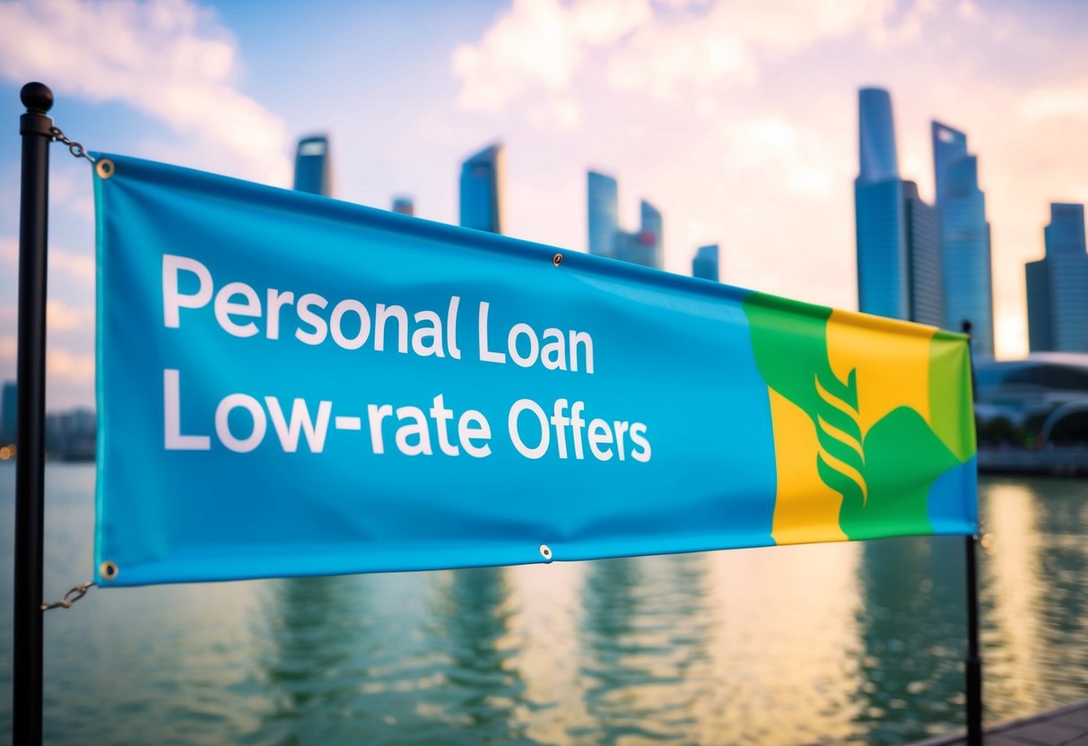 A bright, colorful banner displaying "Personal Loan Low-Rate Offers" with the Standard Chartered logo and the Singapore skyline in the background