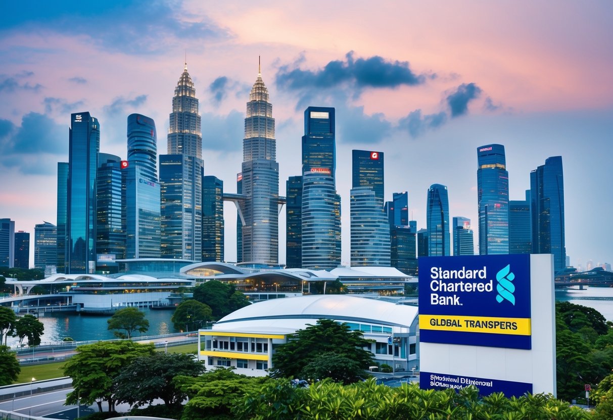 A vibrant cityscape with iconic Singapore landmarks and a prominent Standard Chartered bank branch, featuring waived fee banners for global transfers