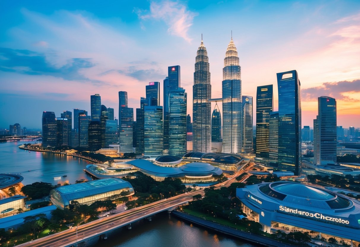 A bustling Singapore cityscape with iconic landmarks, modern skyscrapers, and a vibrant financial district, showcasing Standard Chartered's banking solutions promotions