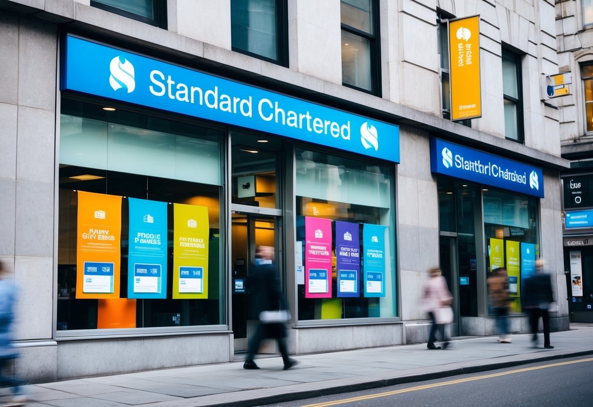 A bustling city street with a prominent Standard Chartered bank branch, featuring colorful promotional banners and offers displayed in the windows