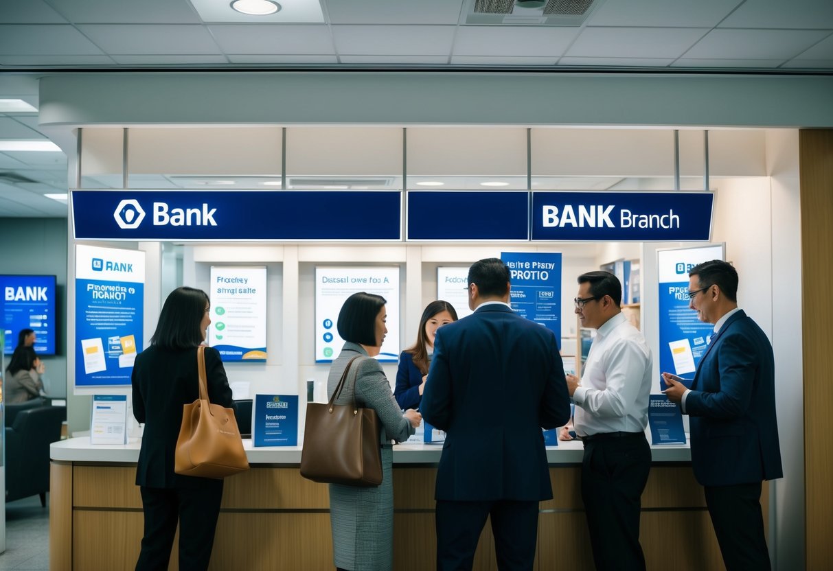 A bustling bank branch with customers inquiring about promotions, with pamphlets and posters on display