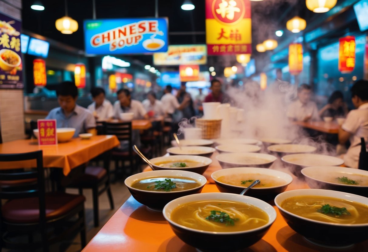 A bustling Chinese soup restaurant in Singapore, with colorful promotional banners and steaming bowls of soup on every table