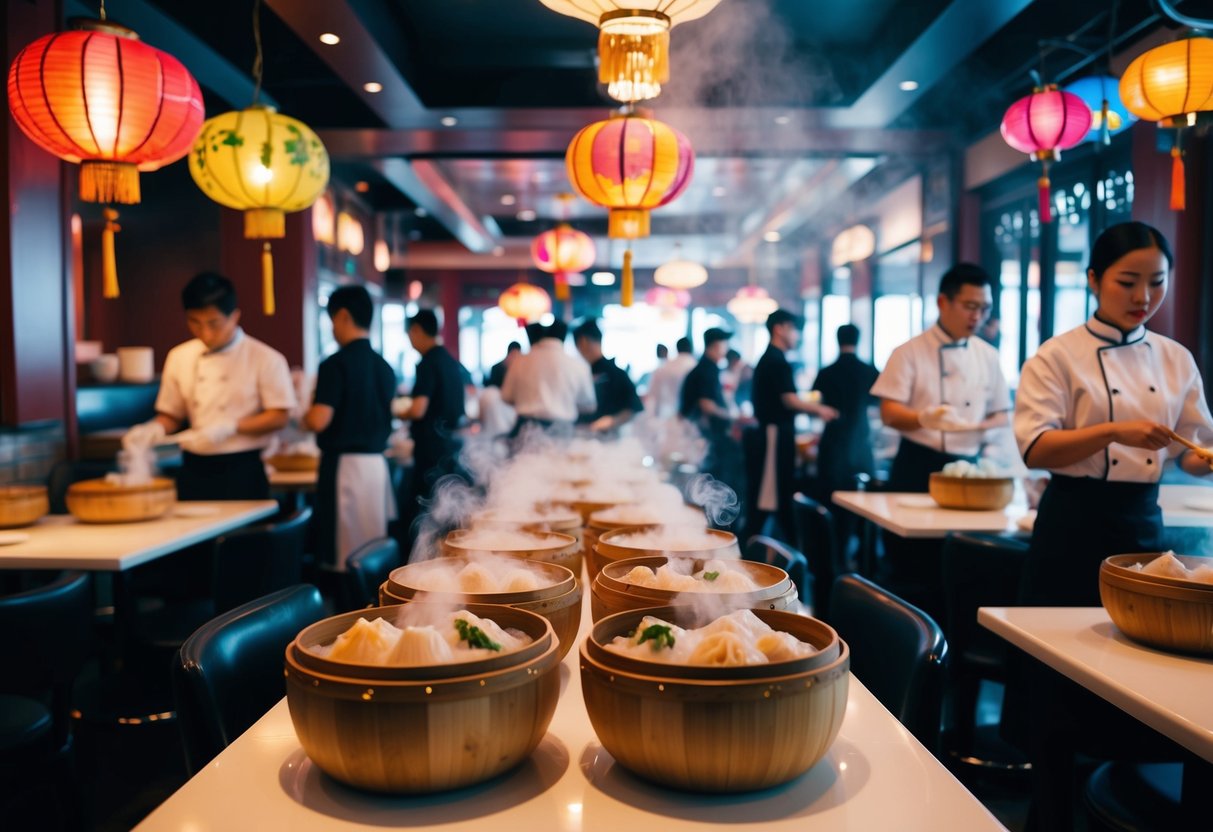 A bustling Chinese restaurant with steaming bamboo baskets of dim sum on tables, colorful lanterns hanging from the ceiling, and a busy waitstaff serving customers