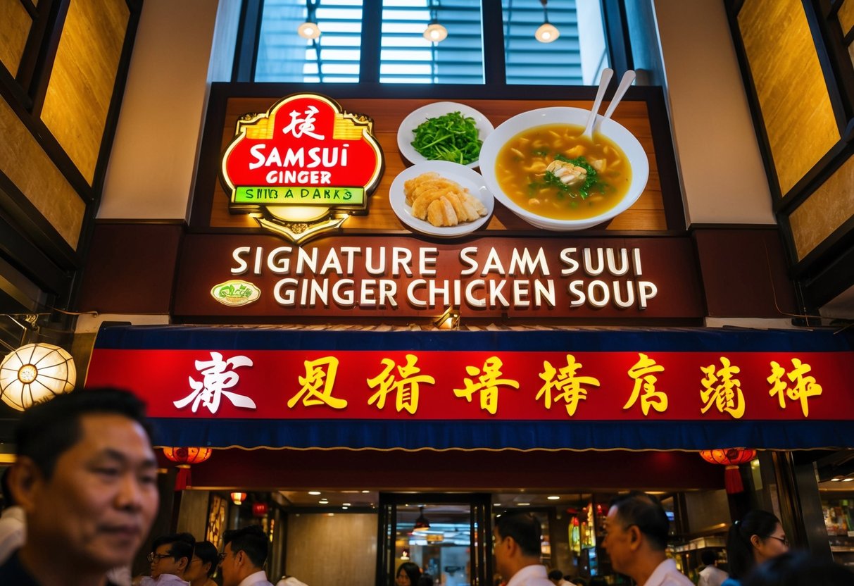 A bustling Chinese restaurant in Singapore, with a large sign promoting Signature Samsui Ginger Chicken soup