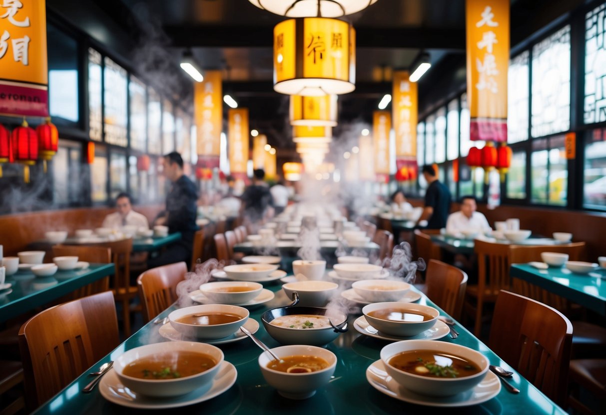 A bustling Chinese restaurant with steaming bowls of soup and tea sets on every table, adorned with promotional banners and signs