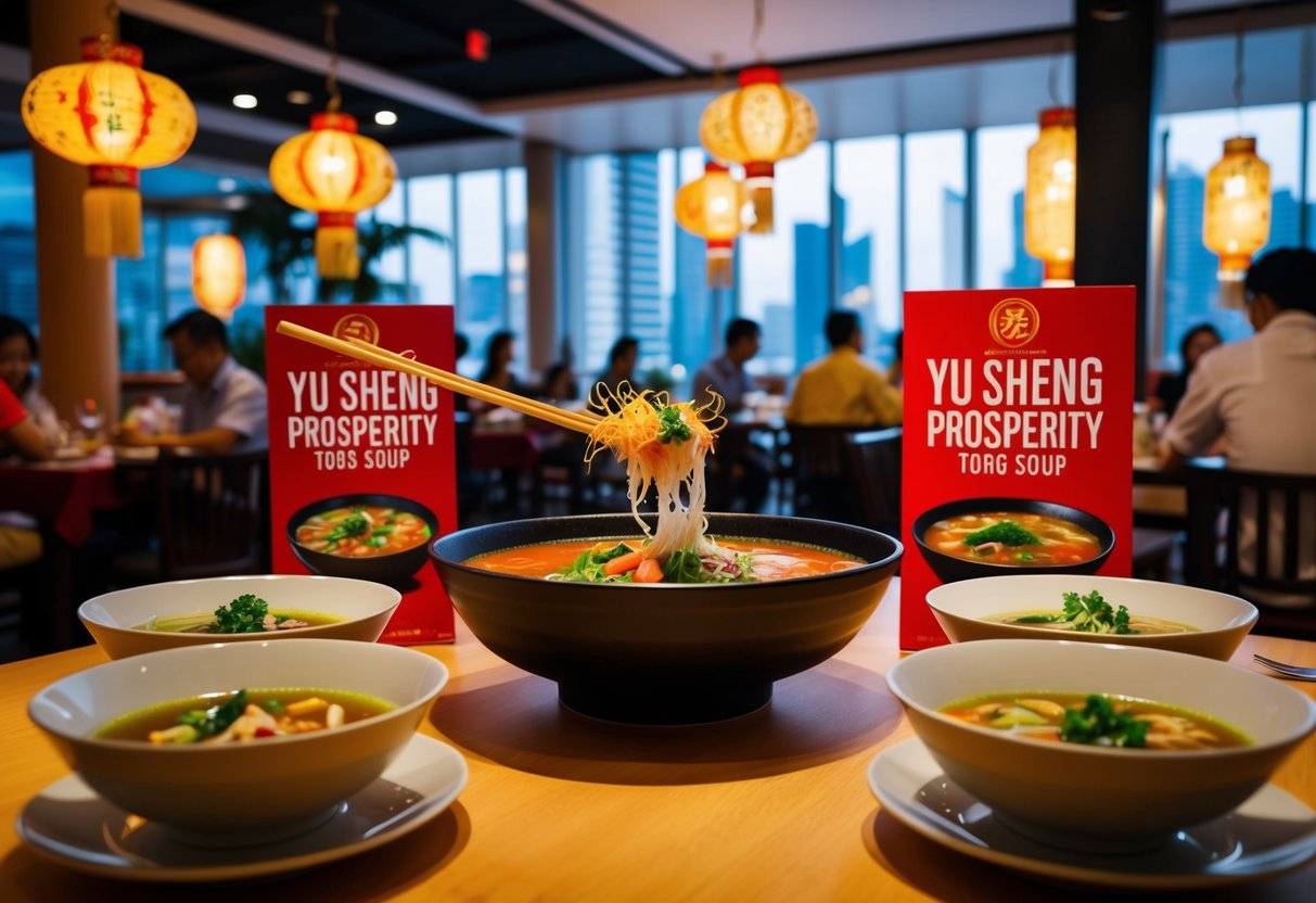 A bustling Chinese restaurant in Singapore with vibrant décor and festive promotions for their Yu Sheng Prosperity Toss soup