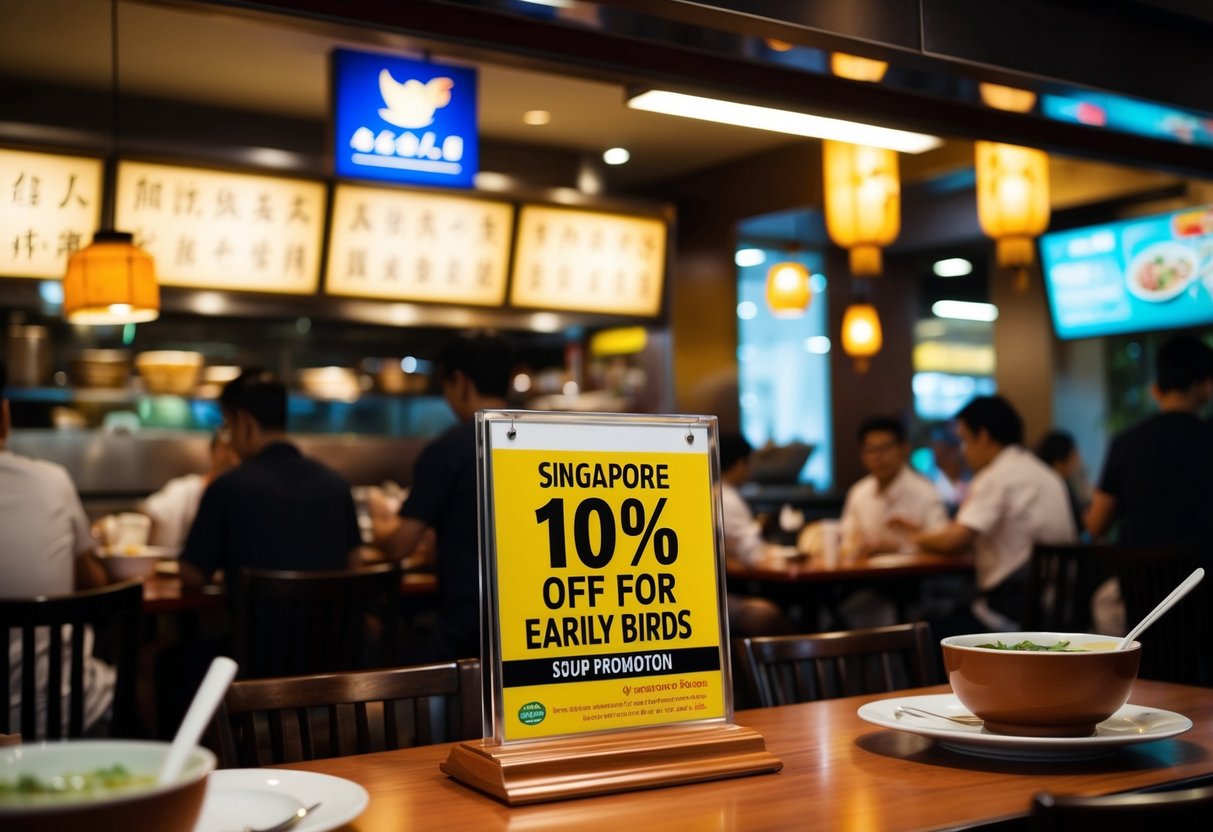 A bustling Chinese restaurant in Singapore with a sign advertising "10% Off for Early Birds" soup promotion