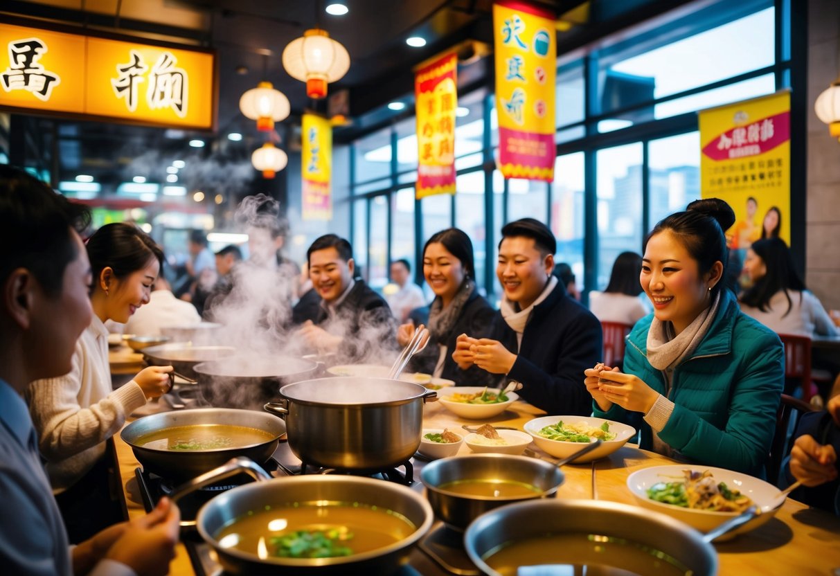 A bustling Chinese soup restaurant with steaming pots, colorful banners, and happy customers enjoying promotional dishes