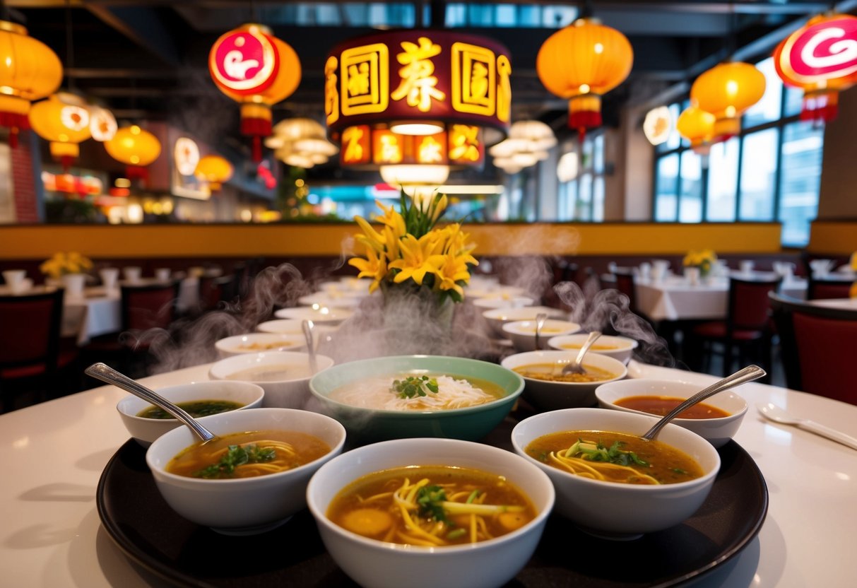 A bustling Chinese restaurant with steaming bowls of soup and vibrant promotional decor in Singapore