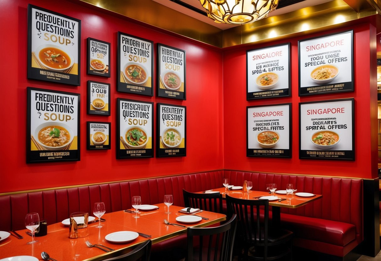 A bustling Chinese restaurant with a vibrant red and gold interior, featuring a wall display of promotional posters for their Frequently Asked Questions soup and other special offers in Singapore