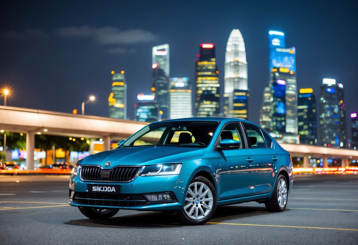 A sleek Skoda car parked in front of a modern Singapore skyline, with bright lights and bustling city streets in the background