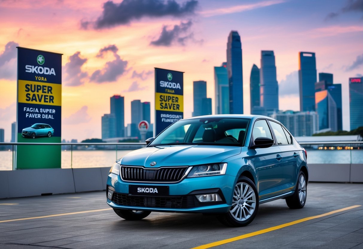 A sleek Skoda car parked in front of a vibrant Singapore cityscape, with promotional banners and signs highlighting the Fabia Super Saver Deal